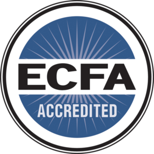 A blue and white logo for ecfa accredited