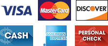 Visa | MasterCard | Discover | Cash | American Express | Personal Check