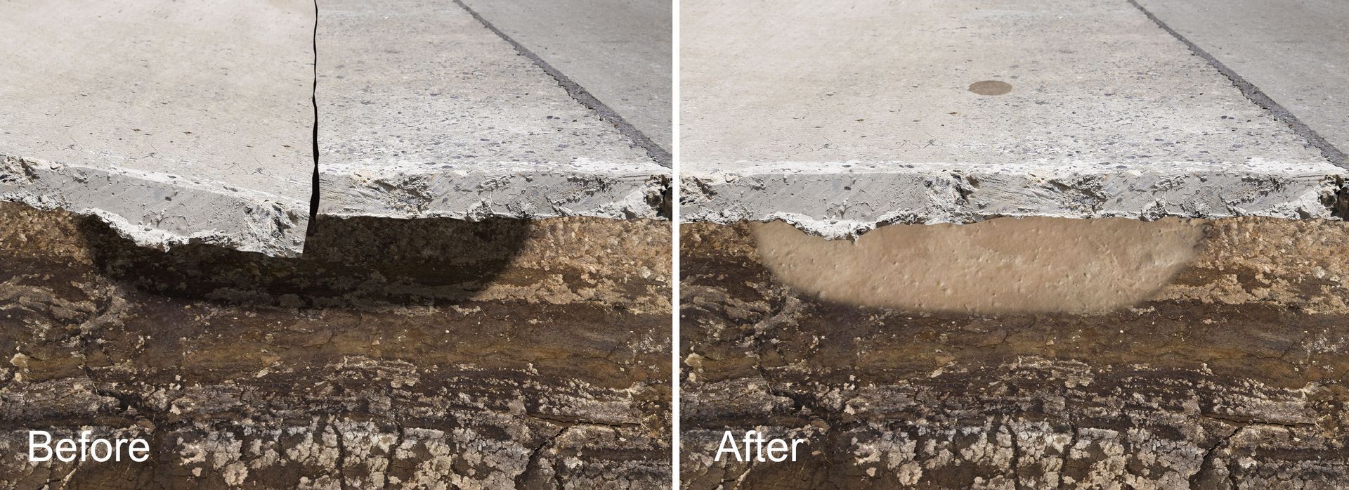 Before and after comparison of concrete slab soil stabilization using foam injection to fill a void beneath the surface.