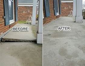Before and after of a porch concrete slab repair, showing a sunken step lifted level with the rest of the porch.