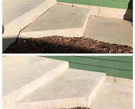 Before and after photos of concrete steps repaired to be level and flush with the walkway.