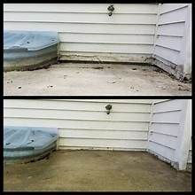 Before and after photos of a concrete patio area against a house, showing a noticeable clean and power-washed surface.