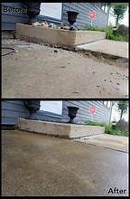 Before and after photos showing a sunken concrete step lifted and leveled to meet the walkway.