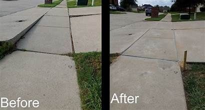 Before and after comparison showing a sidewalk trip hazard repaired and leveled to be flush with the adjacent concrete.
