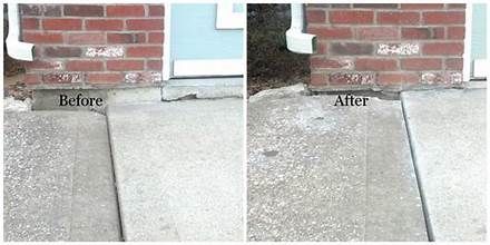 Before-and-after photos of a house entrance, showing a sunken concrete slab leveled to meet the doorstep.