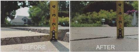 A split-screen comparison showing a concrete sidewalk with a trip-hazard gap before and after being leveled flush.