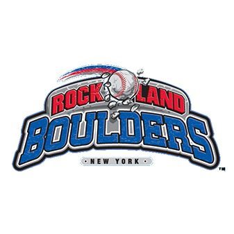 Rockland Boulders New York logo with a baseball and red, blue, and black lettering
