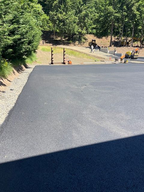 A large asphalt road is being built in the middle of a forest.
