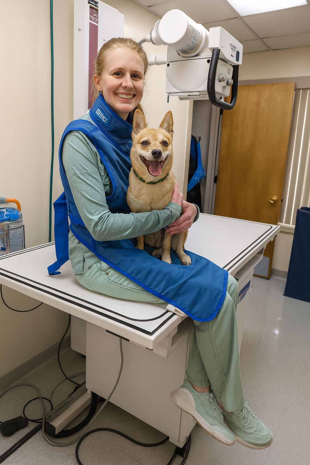 Woman in medical scrubs holding a small dog on an X-ray table, both smiling, in a vet's office.