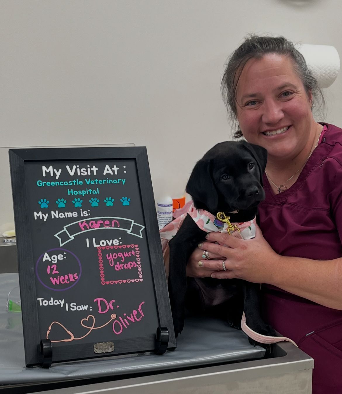 A vet holds a black puppy next to a chalkboard sign. The sign says, 