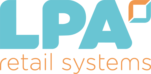 A blue and orange logo for lpa retail systems