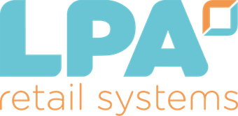 A blue and orange logo for lpa retail systems