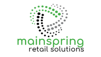 A logo for mainspring retail solutions with a heart made of dots