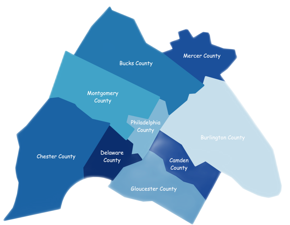 Blue-toned county map labeled with Bucks, Montgomery, Chester, Delaware, Berks, and nearby counties