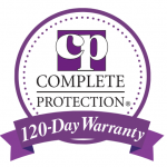 Purple and white &ldquo;Complete Protection&rdquo; seal with &ldquo;120-Day Warranty&rdquo; ribbon