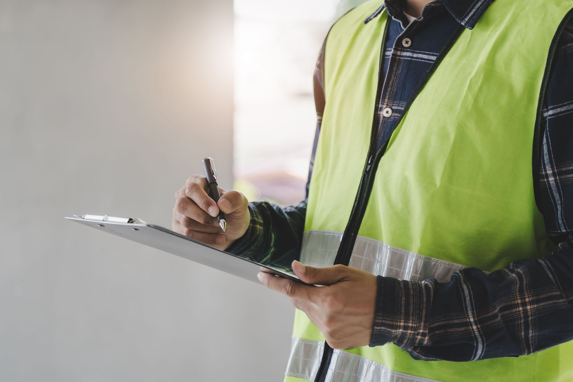Worker in a neon safety vest writing on a clipboard at a construction site