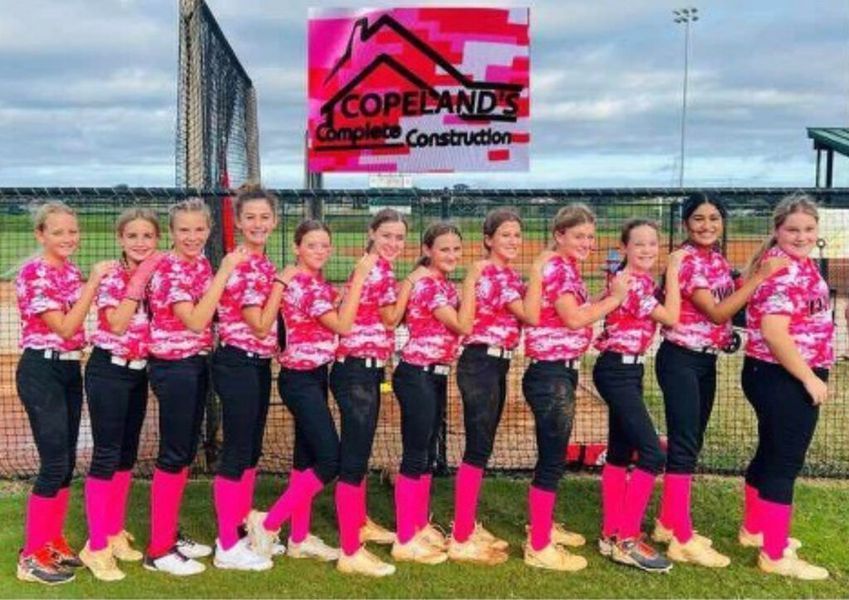 Youth softball team in pink and black uniforms, posing in front of a team banner.