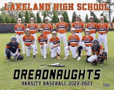 Lakeland High School Dreadnaughts varsity baseball team, 2022-2023. Orange and white uniforms on a green field.