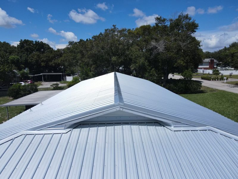 Silver metal roof on a house, with a clear blue sky and trees in the background.