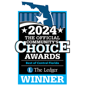 2024 Community's Choice Awards badge. Florida outline, star, blue and white design,