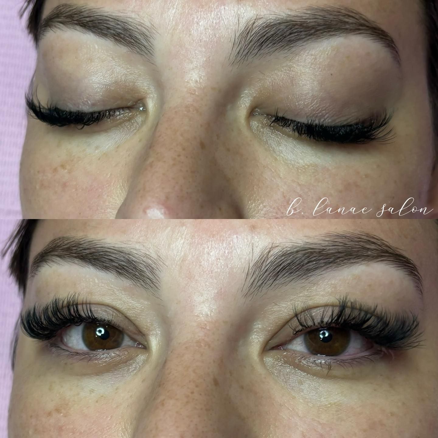 Close-up of a woman's eyes with closed and open, dark lashes, and filled eyebrows.