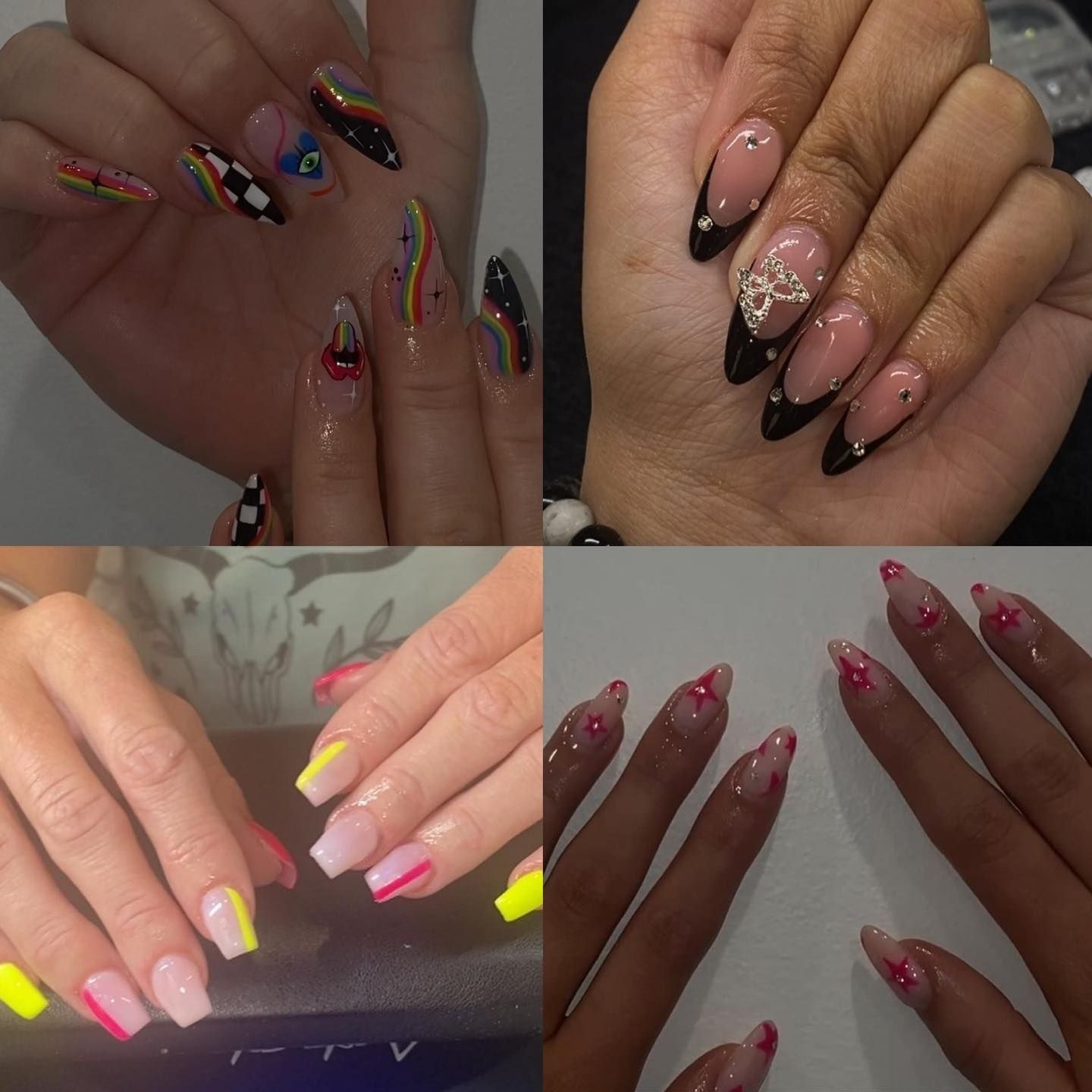 Four sets of manicured nails in various designs: rainbow, black tips, neon, and heart accents.