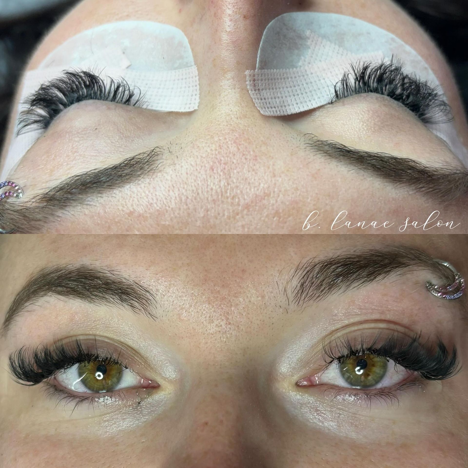 Two photos: Before and after eyelash extensions; woman with green eyes, dark lashes, full brows.