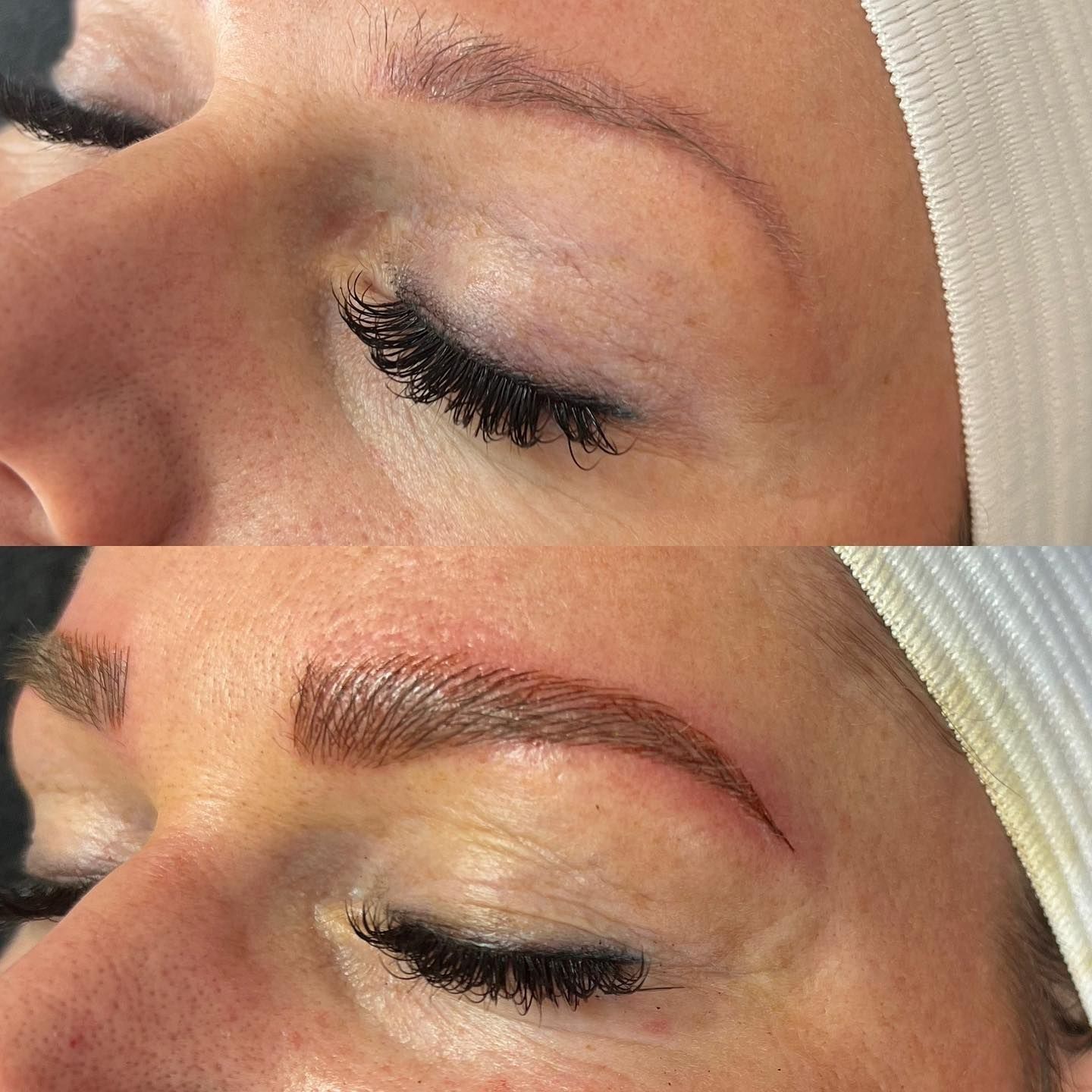 Eyebrow comparison: top is sparse, bottom is filled and shaped with brown pigment.
