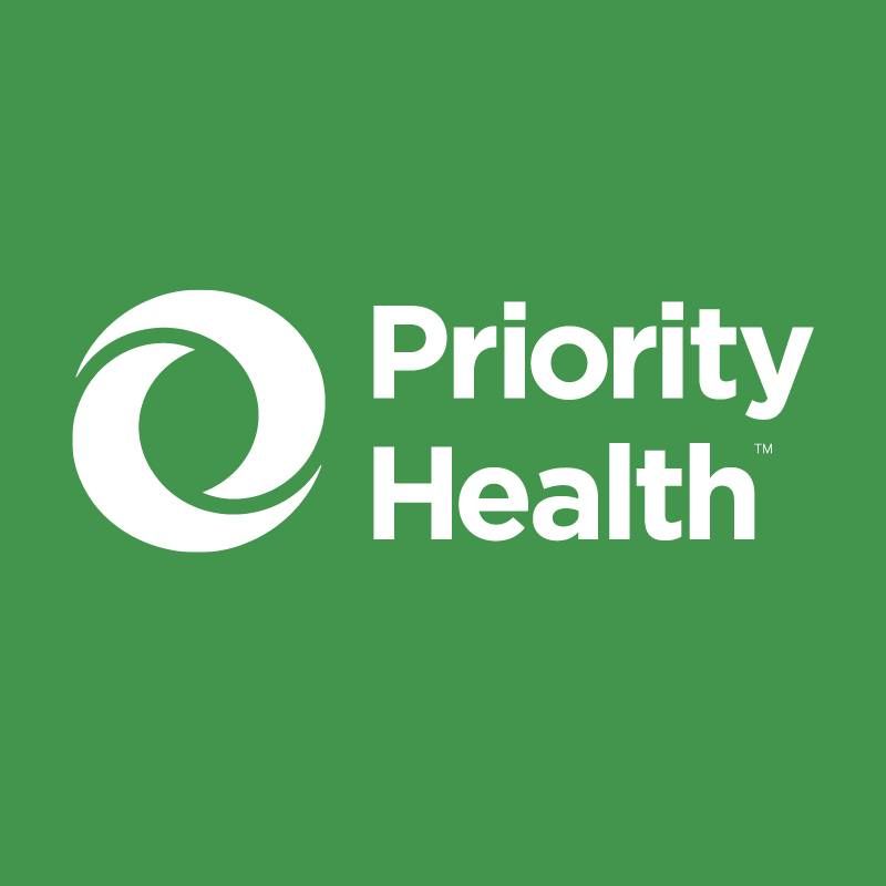 Priority Health logo on a green background. White swirling circle beside text