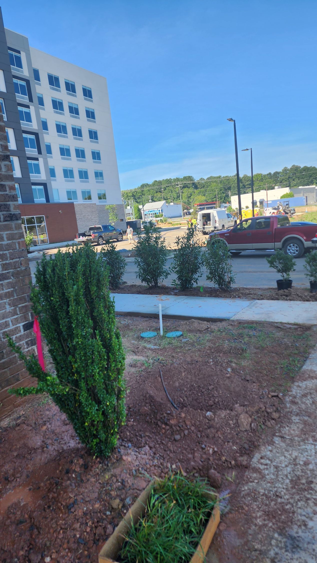 A building with windows, bushes, and a red truck on a sunny day.