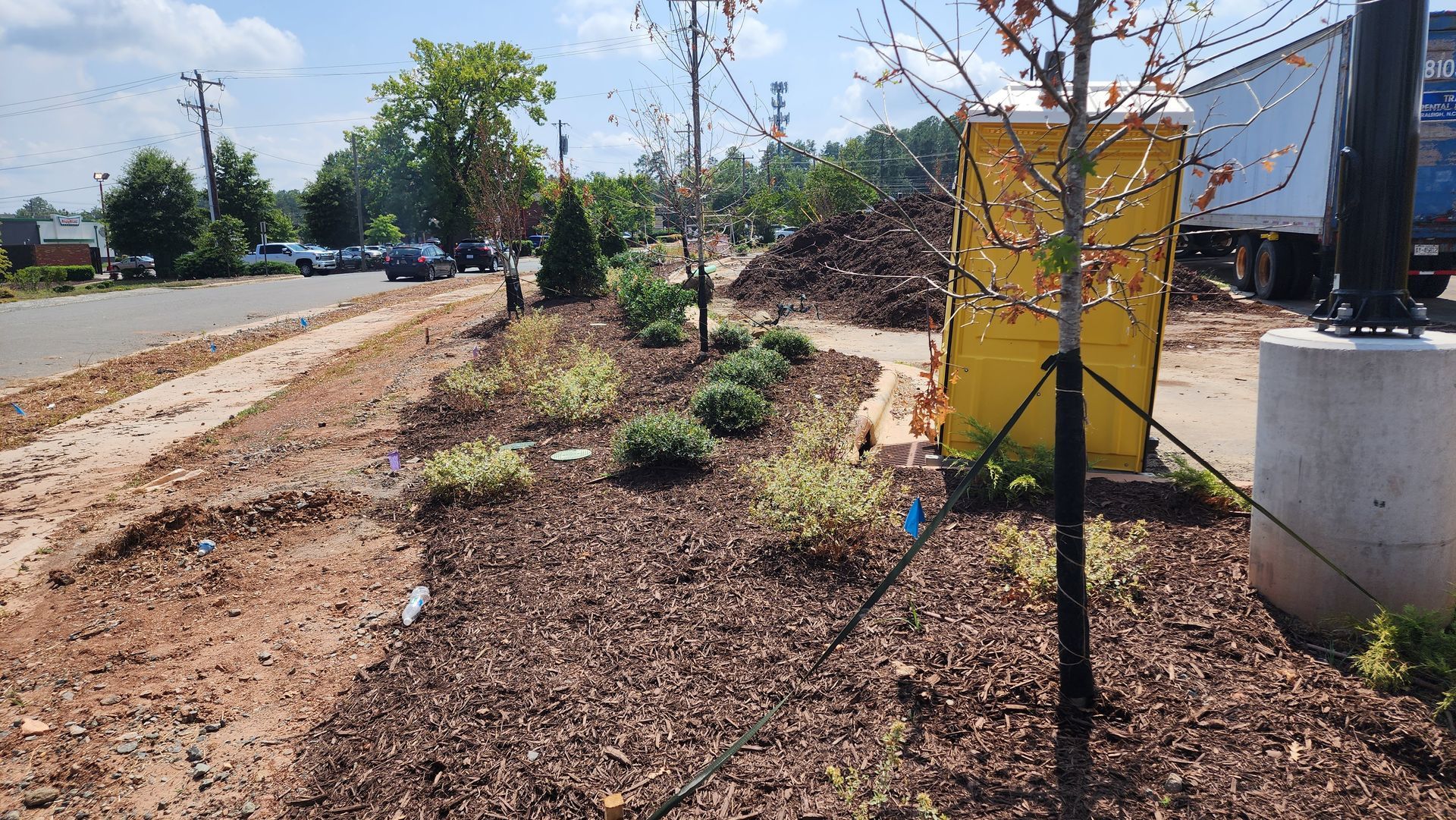Roadside landscaping with small trees, shrubs, and mulch. A yellow portable toilet is visible.