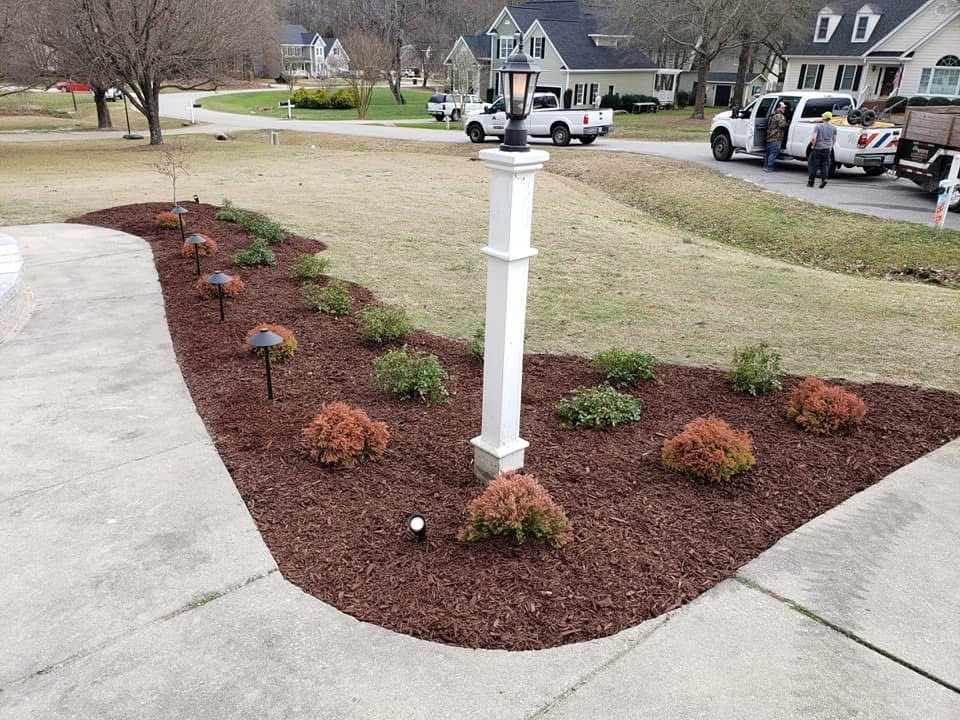Landscaped front yard with a light post, bushes, and mulch. A driveway and street are in the background.