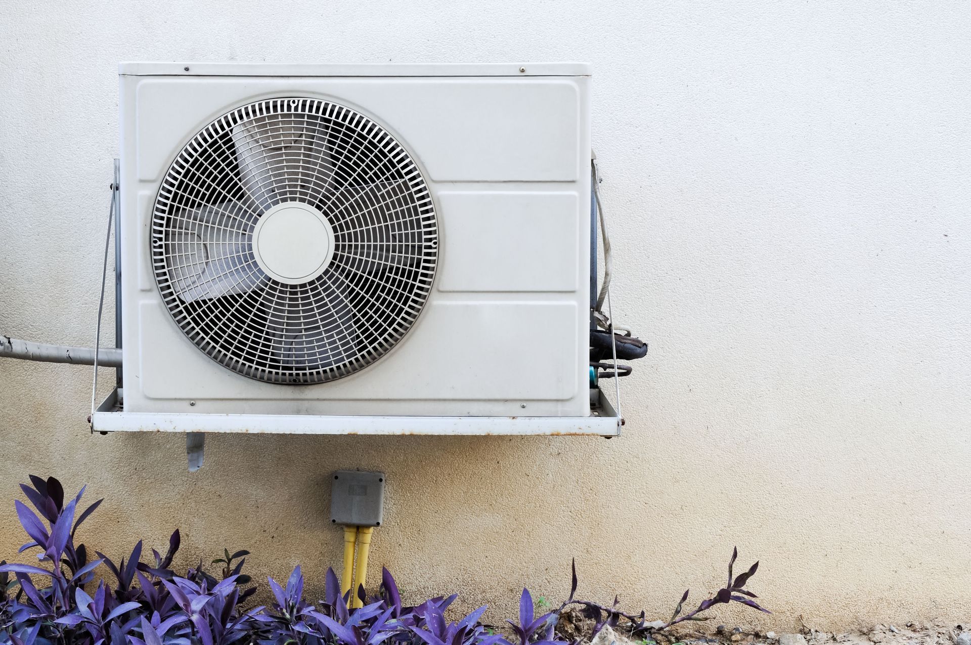 Air conditioning unit mounted on a white stucco wall, with a fan and purple foliage.