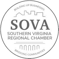 SOVA Southern Virginia Regional Chamber logo: Gray circle with text and a simple town skyline.