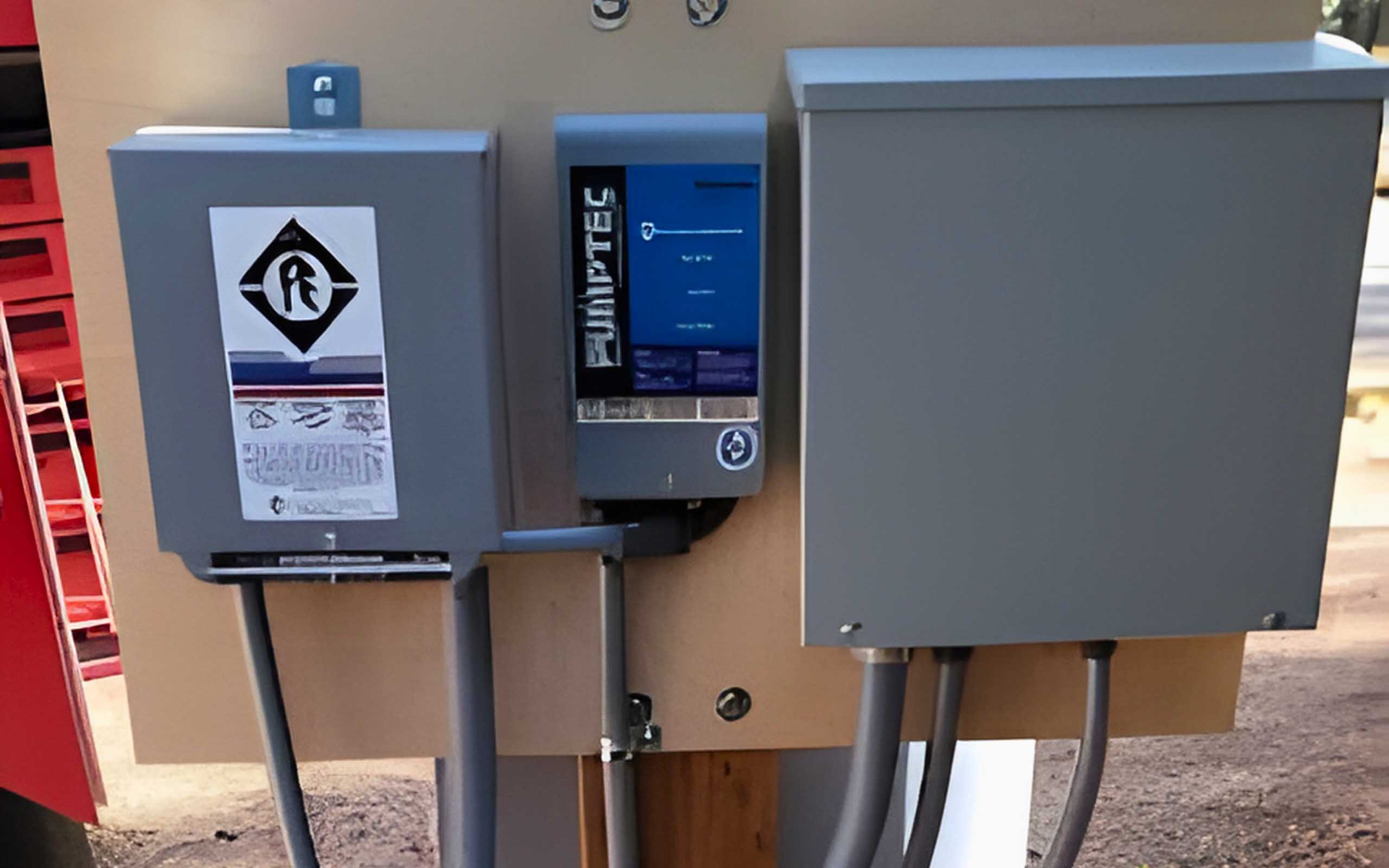 Three gray electrical boxes mounted on a wooden board; one has a warning label, another says PUMPTEC.