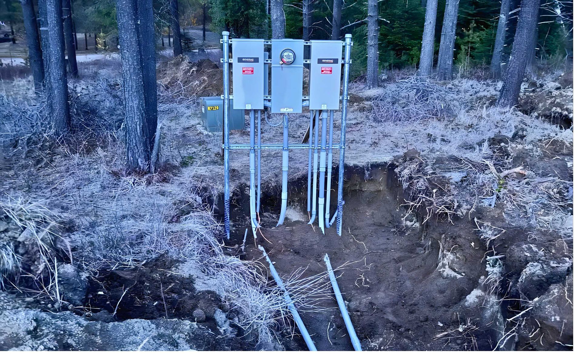 Electrical equipment in a wooded area; metal boxes mounted on poles, with conduit running to the ground.