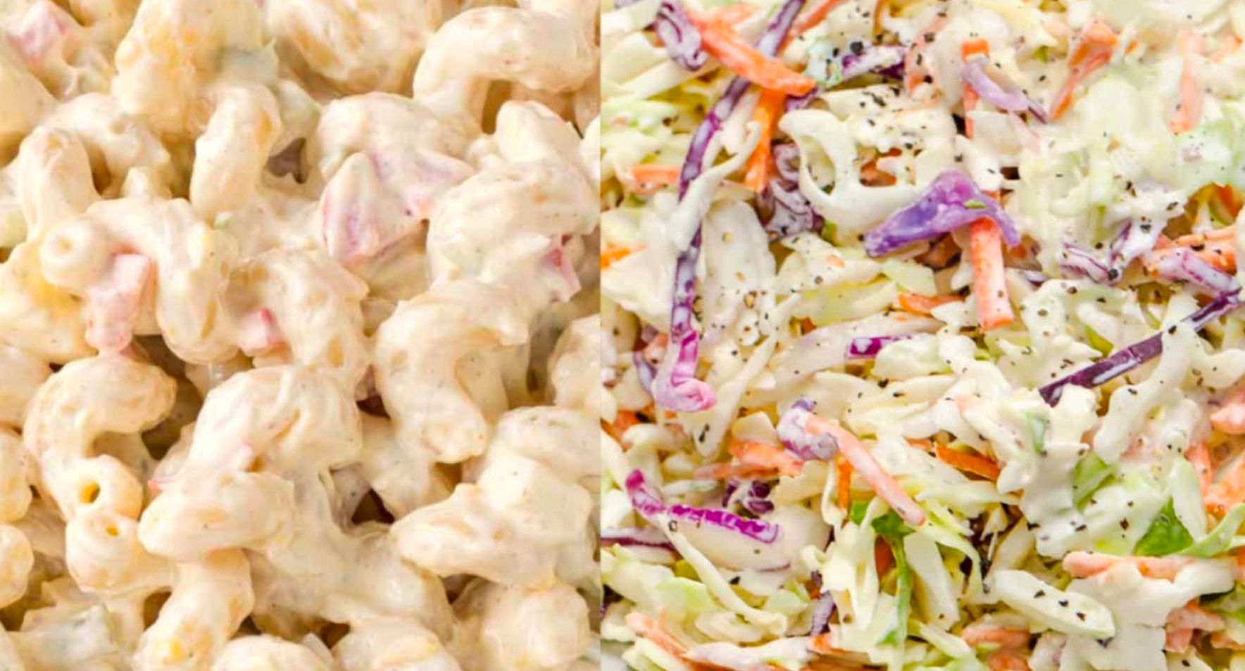A close up of macaroni salad next to a close up of coleslaw.