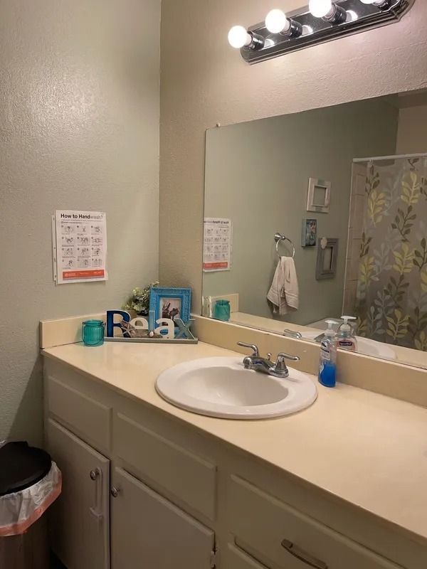 Bathroom with a sink, mirror, and countertop. The walls are pale green, and a floral shower curtain is visible.