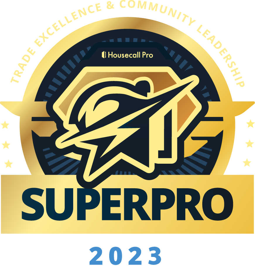 Housecall Pro SuperPro 2023 badge: gold and blue design with star and lightning bolt icon.