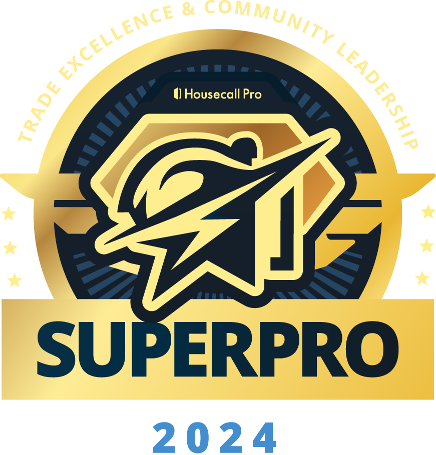 Housecall Pro SuperPro badge: gold and blue, text 