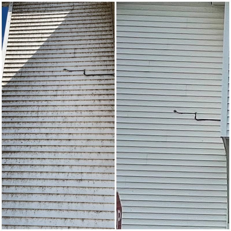 A before and after picture of a house 's siding being cleaned.