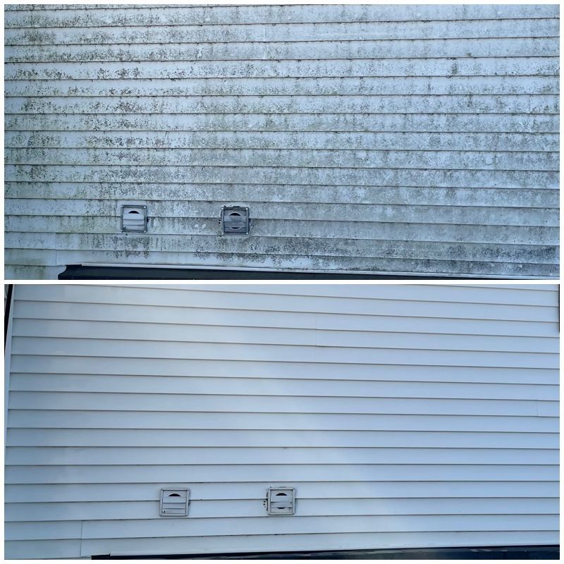 A before and after picture of a house siding being cleaned.