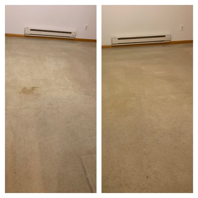 A before and after picture of a carpet in a room.
