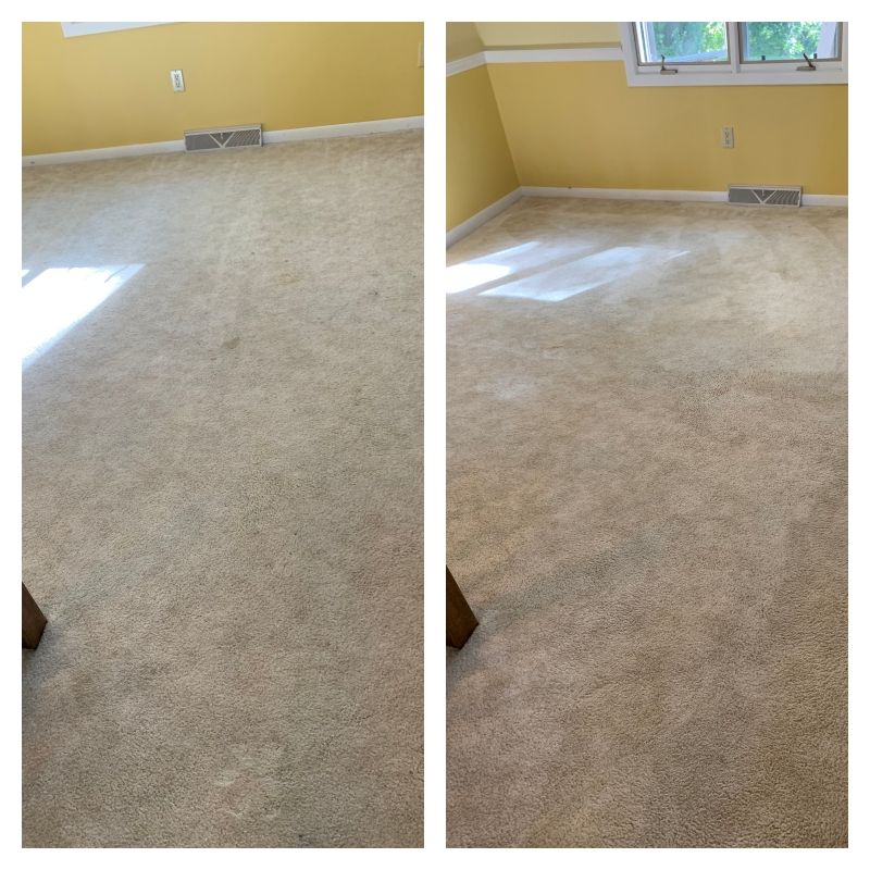 A before and after photo of a carpet in a room.