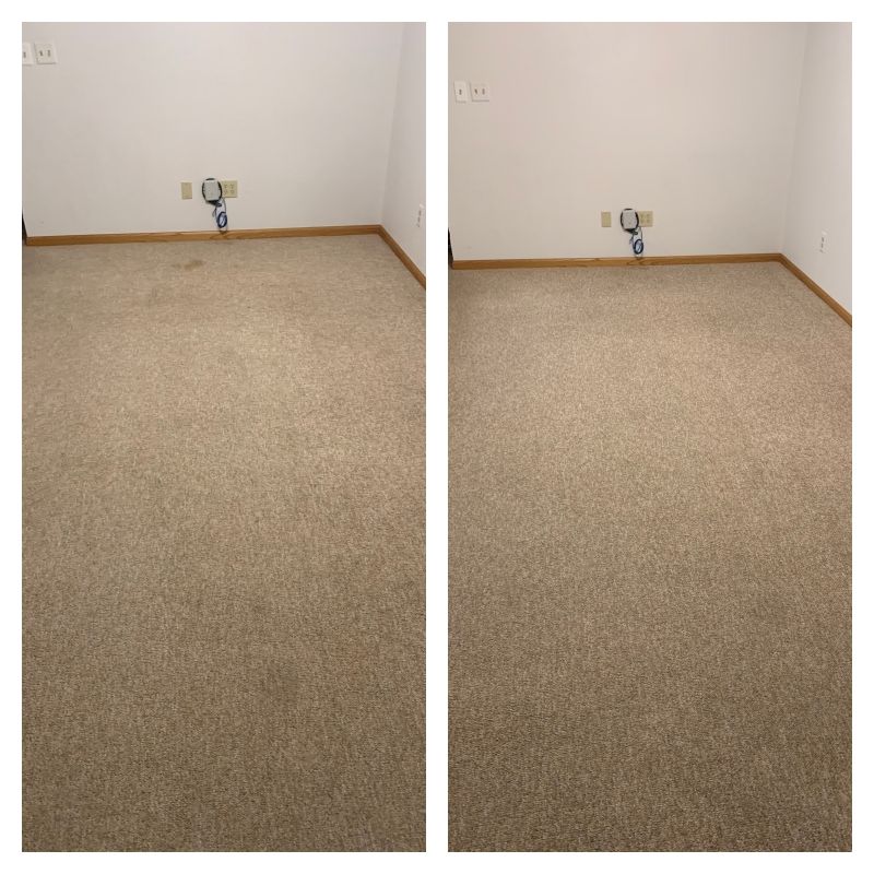 A before and after photo of a carpeted floor in a room.