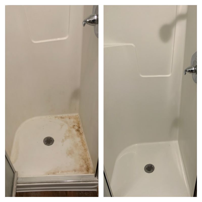 A before and after photo of a dirty shower stall and a clean shower stall.