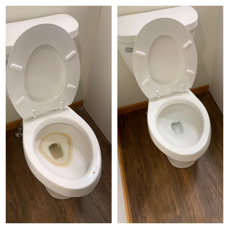 A before and after picture of a toilet that has been cleaned
