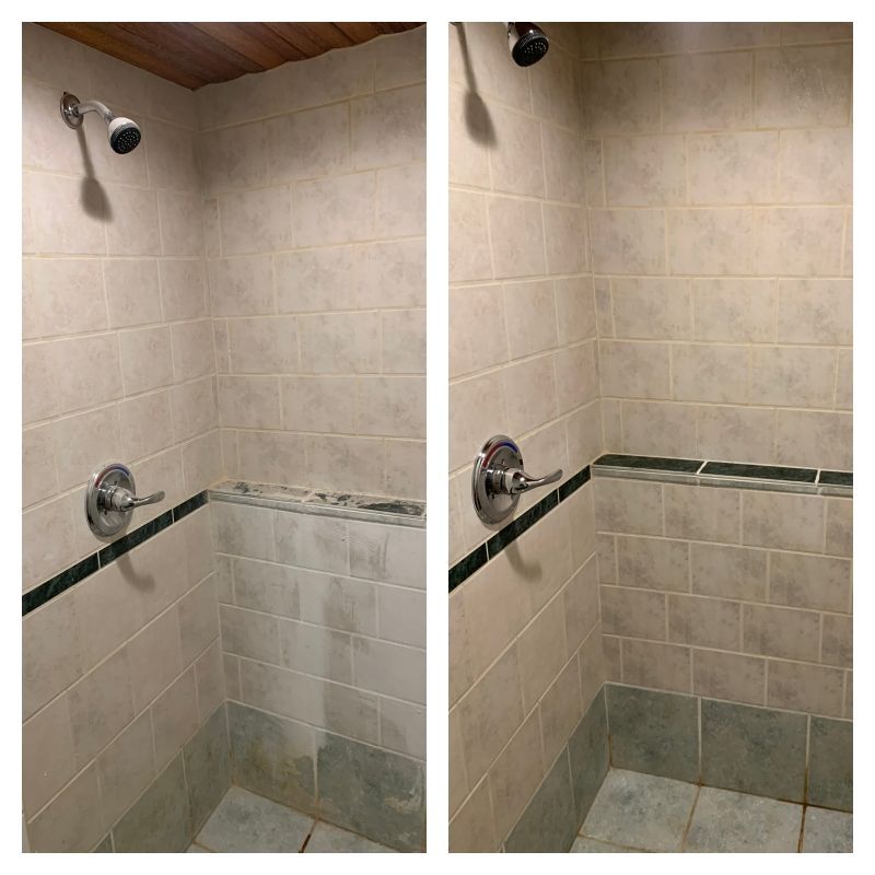 Two pictures of a shower before and after being cleaned.