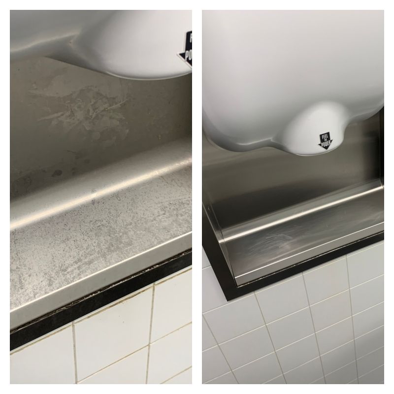 A before and after photo of a stainless steel sink