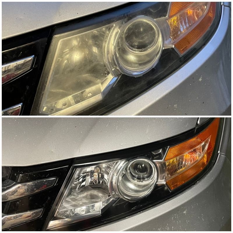 A before and after photo of a car 's headlights.
